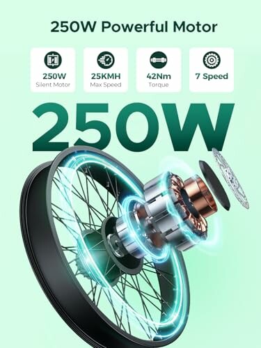 Illustratie van een 250W elektrische fietsmotor met specificaties.