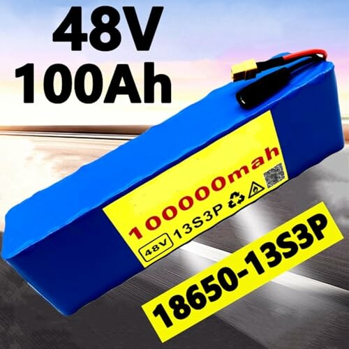 Blauwe 48V 100Ah batterij met gele label