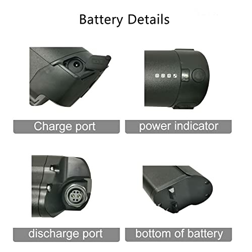 Details van de batterij met oplaadpoort en stroomindicator