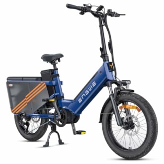 Blauwe elektrische fiets met opbergruimte