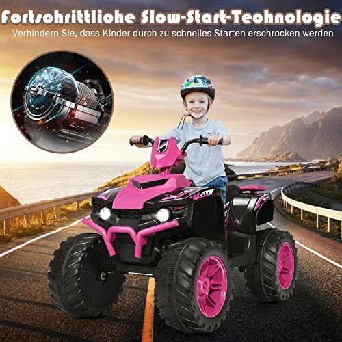 Kind op roze elektrische ATV op weg