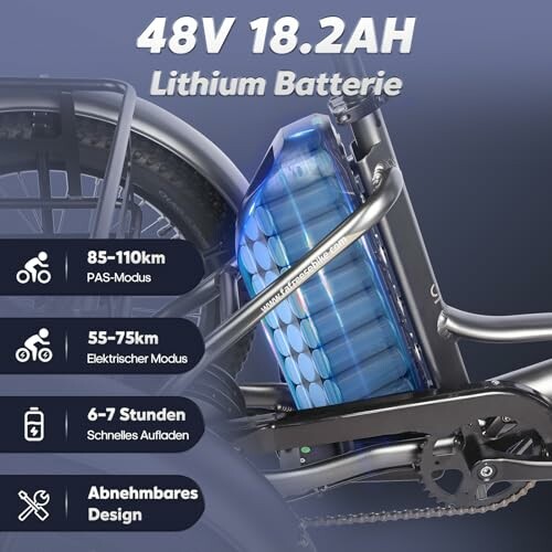 Specificaties van een 48V 18.2AH lithiumbatterij voor e-bike.