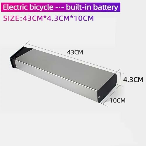 Afbeelding van een elektrische fietsaccu met afmetingen.