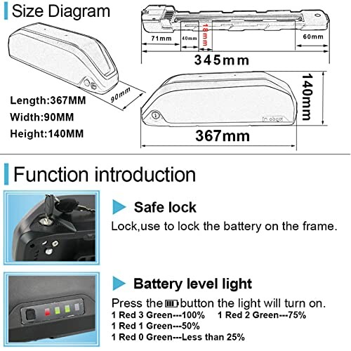 Diagram van elektrische fietsaccu met afmetingen en functies.