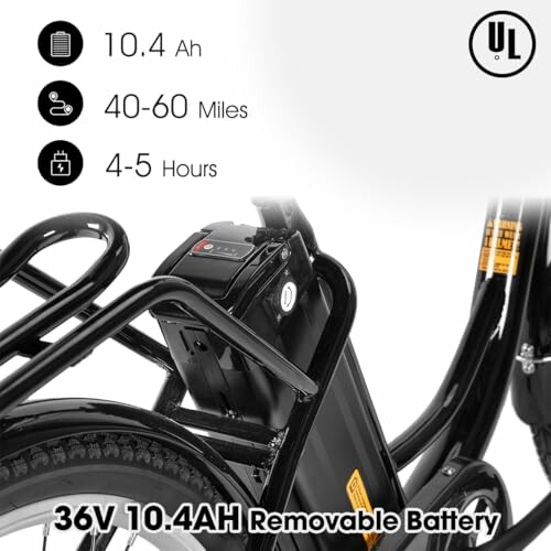 Afbeelding van een elektrische fiets met verwijderbare batterij en specificaties.