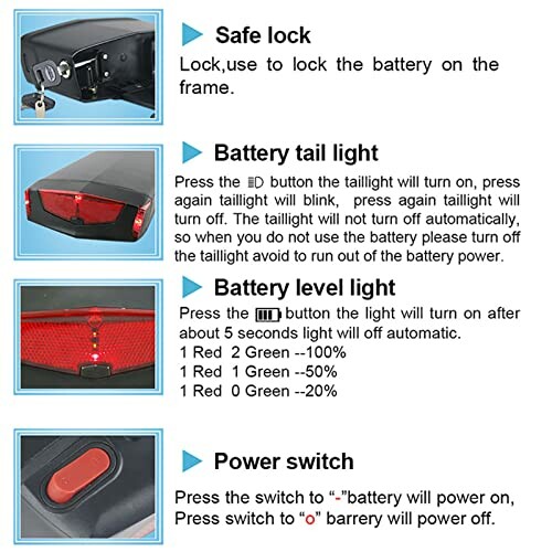 Instructies voor elektrische fietsaccu met slot, achterlicht, batterijniveau-indicator en aan/uit-schakelaar.