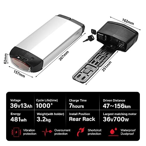 Specificaties van elektrische fietsaccu met afmetingen en capaciteit
