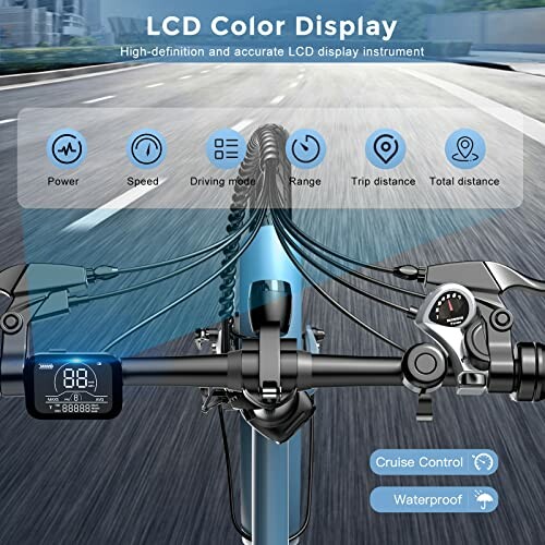 Stuur van een elektrische fiets met LCD-kleurenscherm en functies.