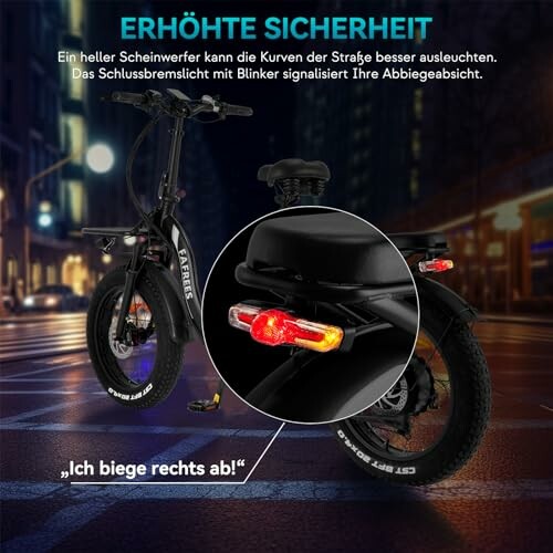 Elektrische fiets met veiligheidskenmerken en knipperlicht.