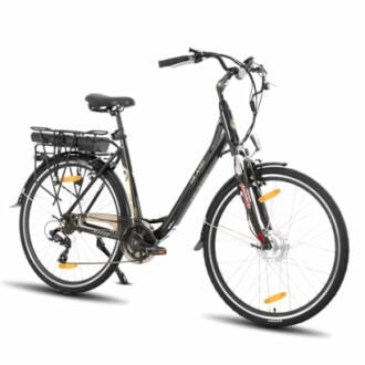 Elektrische stadsfiets met bagagedrager.