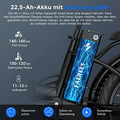 Specificaties van een elektrische fietsaccu met Samsung-cel.