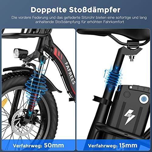 Fiets met dubbele schokdemper en vering van 50mm en 15mm.