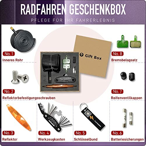 Geschenkbox met fietsaccessoires en gereedschap