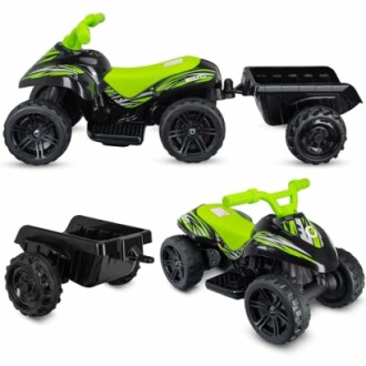 Groene en zwarte kinderquad met aanhanger