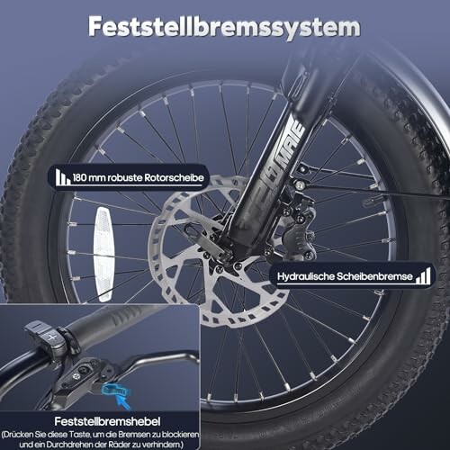 Hydraulische schijfrem en rotor van 180 mm op een fiets.