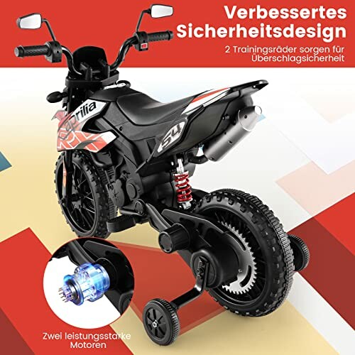 Elektrische kinder motorfiets met trainingswielen en veiligheidsdesign.