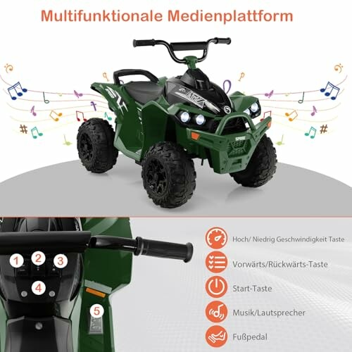 Groene elektrische kinderquad met muziek en bedieningselementen.