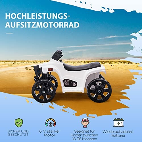 Witte kindermotorfiets met vier wielen en oplaadbare batterij