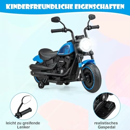 Speelgoedmotorfiets met kindvriendelijke kenmerken.