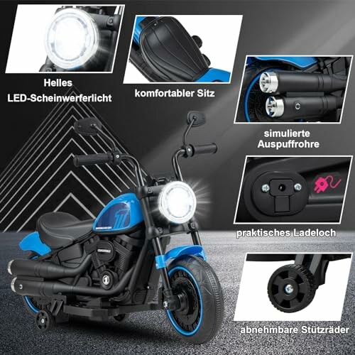 Blauw en zwart kindermotorfiets speelgoed met LED-verlichting en accessoires