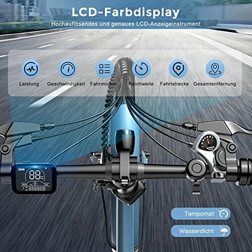 LCD-kleurendisplay op fiets met snelheids- en afstandsmetingen