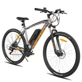 Elektrische mountainbike in zilver en oranje