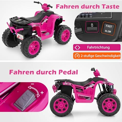 Roze kinder-ATV met knoppen voor snelheid en richting