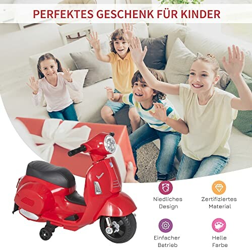 Kinderen zijn blij met een rood speelgoed scooter cadeau