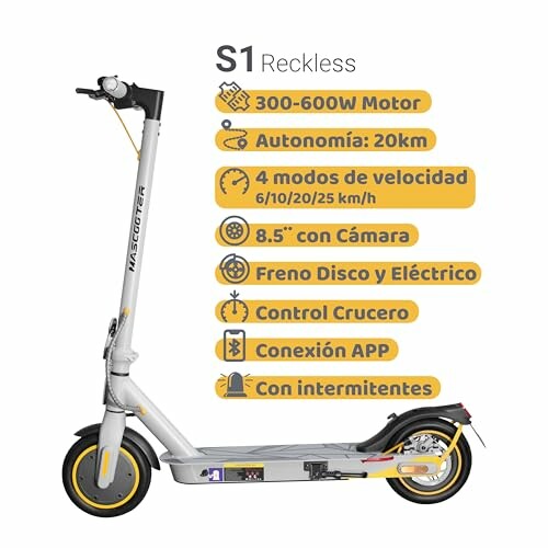 Elektrische scooter met specificaties in het Spaans.