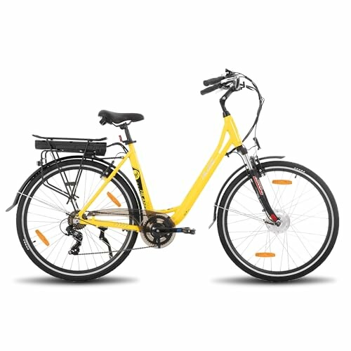 Gele elektrische fiets met batterij en versnellingen